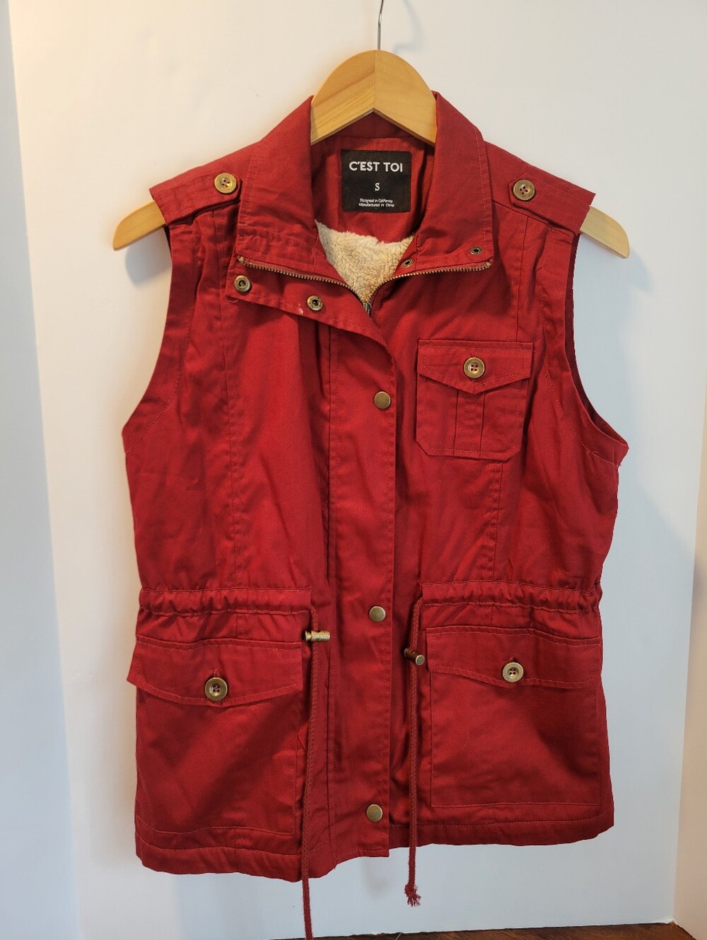 C'Est Toi Womens Crimson Red Drawstring Zippered Utility Cargo Vest Size S Fall